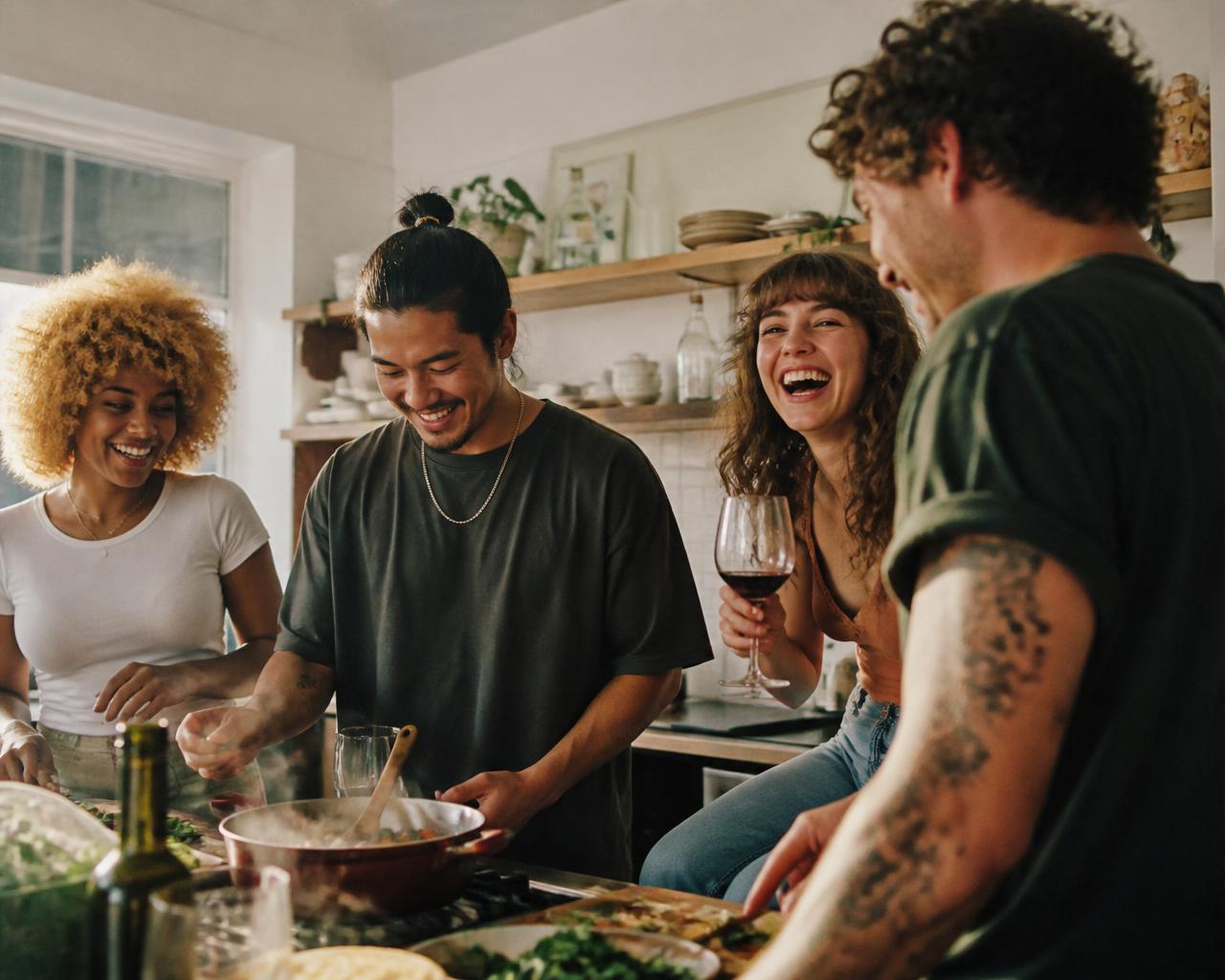 Roommates laughing together while cooking dinner